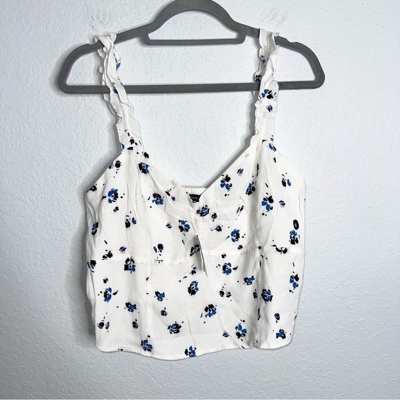 Abercrombie & Fitch Top Women XL Tank Crop Ruffled Floral White Blue  B9 - Picture 1 of 6